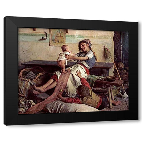 Playing With Baby Black Modern Wood Framed Art Print with Double Matting by Chierici, Gaetano