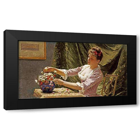 A Young Woman Arranging Flowers Black Modern Wood Framed Art Print by Claus, Emile