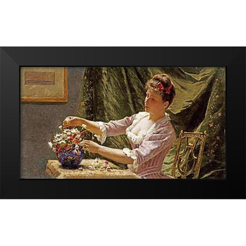 A Young Woman Arranging Flowers Black Modern Wood Framed Art Print by Claus, Emile