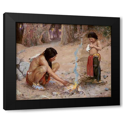 The Campfire Black Modern Wood Framed Art Print by Couse, Eanger Irving