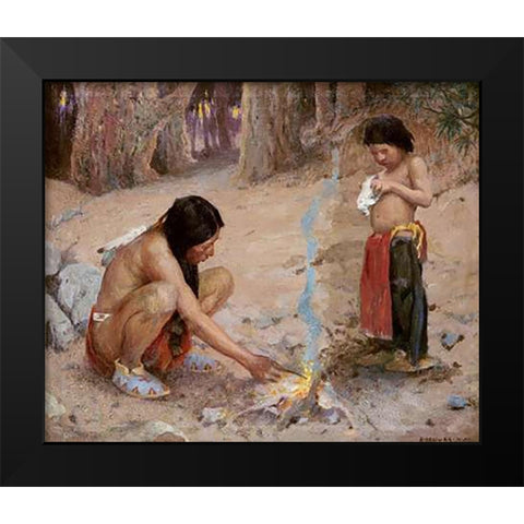 The Campfire Black Modern Wood Framed Art Print by Couse, Eanger Irving