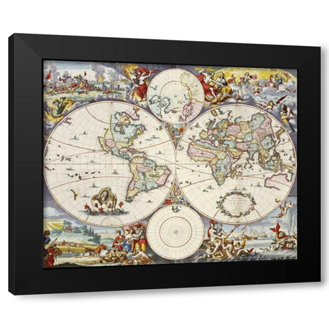 Map of The World Black Modern Wood Framed Art Print with Double Matting by Danckerts, Cornelis