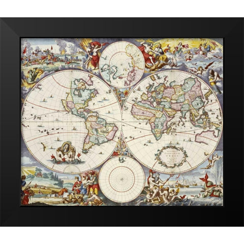 Map of The World Black Modern Wood Framed Art Print by Danckerts, Cornelis