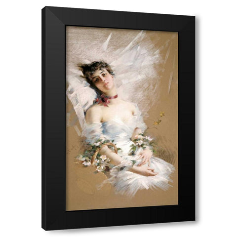 Reclining Beauty With Baskets of Flowers Black Modern Wood Framed Art Print with Double Matting by De Hem, Louise