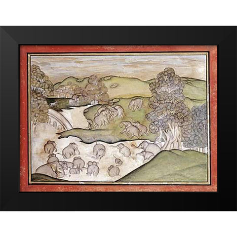 Elephants Bathing Black Modern Wood Framed Art Print by Devgarh