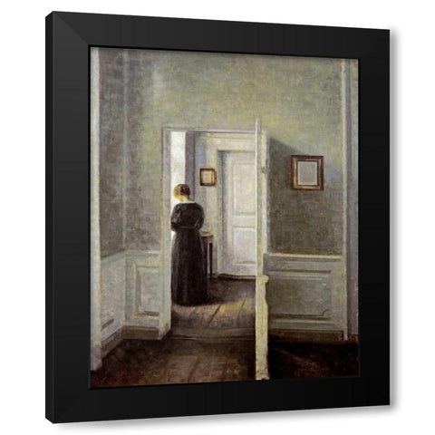 An Interior With a Woman Black Modern Wood Framed Art Print with Double Matting by Hammershoi, Vilhelm