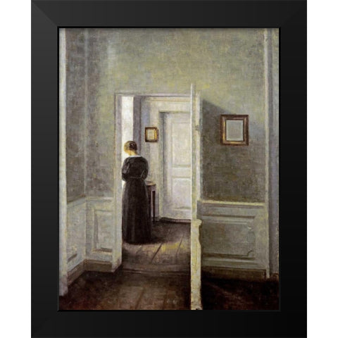 An Interior With a Woman Black Modern Wood Framed Art Print by Hammershoi, Vilhelm