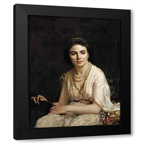 Portrait of a Woman Wearing a Pearl Necklace Black Modern Wood Framed Art Print with Double Matting by Harlamoff, Alexei Alexeiewitsch