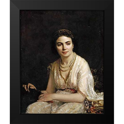 Portrait of a Woman Wearing a Pearl Necklace Black Modern Wood Framed Art Print by Harlamoff, Alexei Alexeiewitsch