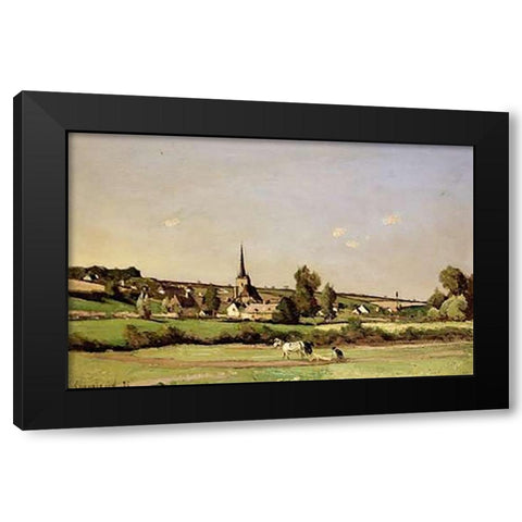 An Extensive Landscape With a Ploughman Black Modern Wood Framed Art Print with Double Matting by Harpignies, Henri Joseph
