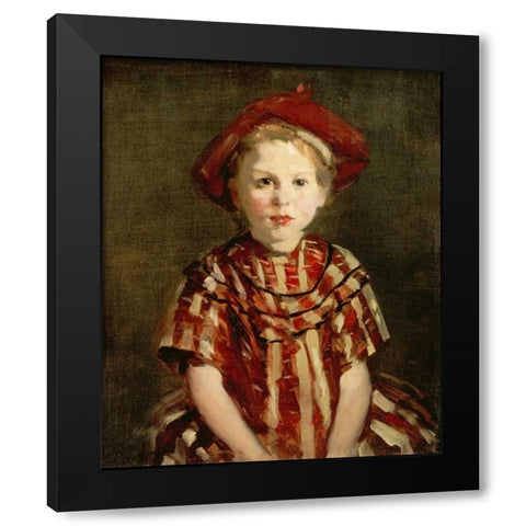 Little Girl In Red Stripes Black Modern Wood Framed Art Print by Henri, Robert