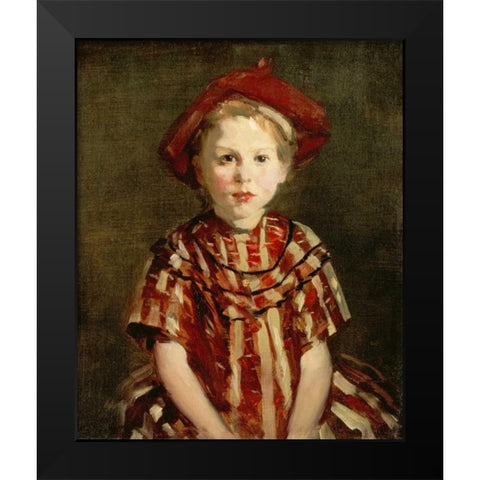 Little Girl In Red Stripes Black Modern Wood Framed Art Print by Henri, Robert