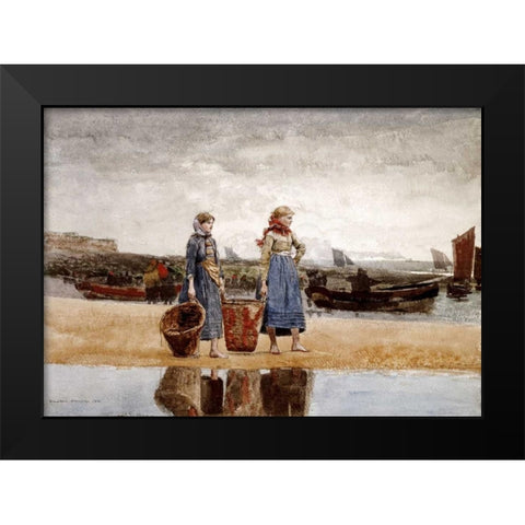 Two Girls on The Beach, Tynemouth Black Modern Wood Framed Art Print by Homer, Winslow