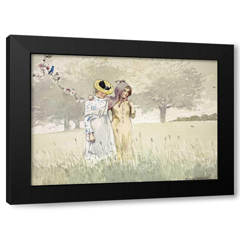 Girls Strolling In An Orchard Black Modern Wood Framed Art Print by Homer, Winslow
