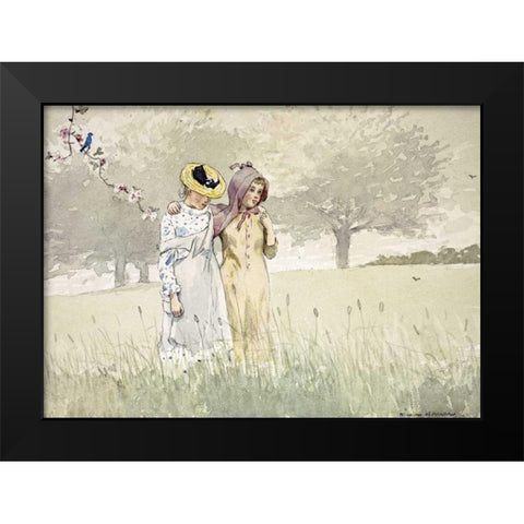 Girls Strolling In An Orchard Black Modern Wood Framed Art Print by Homer, Winslow