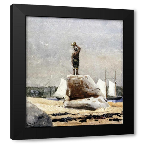 Boy Hailing Schooners Black Modern Wood Framed Art Print by Homer, Winslow