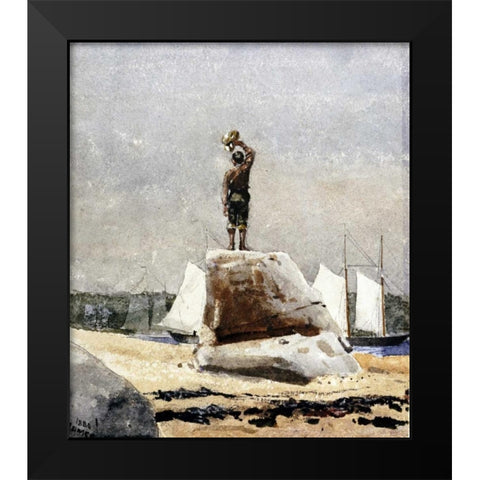 Boy Hailing Schooners Black Modern Wood Framed Art Print by Homer, Winslow
