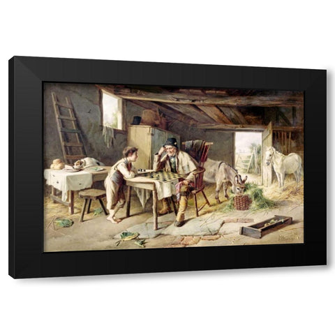 Game of Draughts Black Modern Wood Framed Art Print with Double Matting by Hunt, Charles
