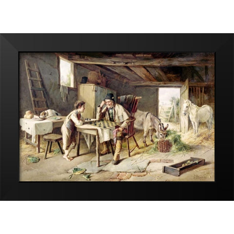 Game of Draughts Black Modern Wood Framed Art Print by Hunt, Charles