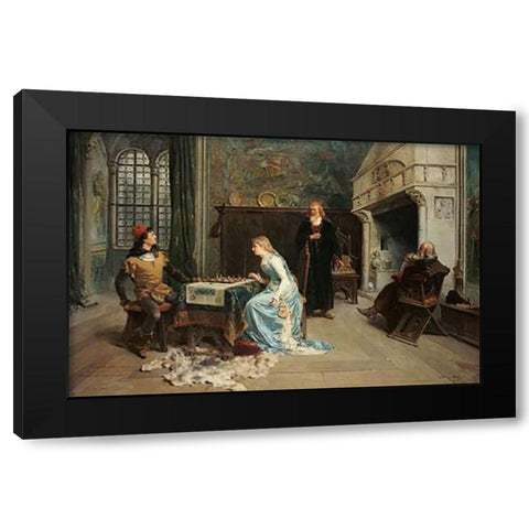 Fernando and Iolanda Playing Chess Black Modern Wood Framed Art Print by Induno, Girolamo