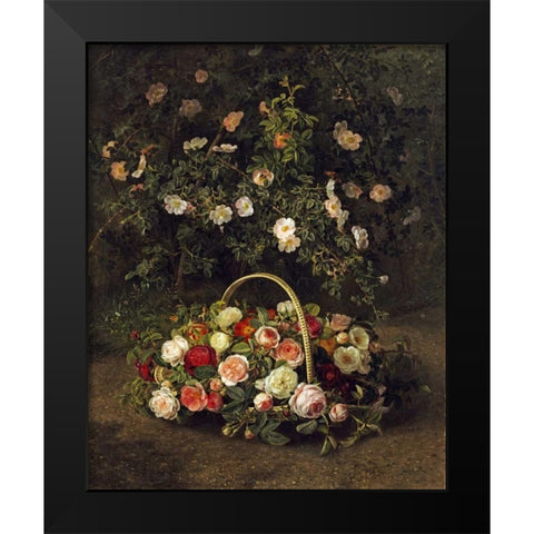 Roses In a Basket Beside a Rose Bush Black Modern Wood Framed Art Print by Jensen, Johan Laurents