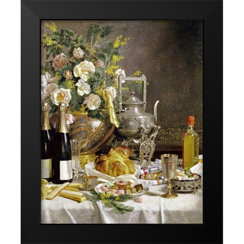 Bottles of Champagne Bread Biscuits and Cakes Black Modern Wood Framed Art Print by Larcher, Jules