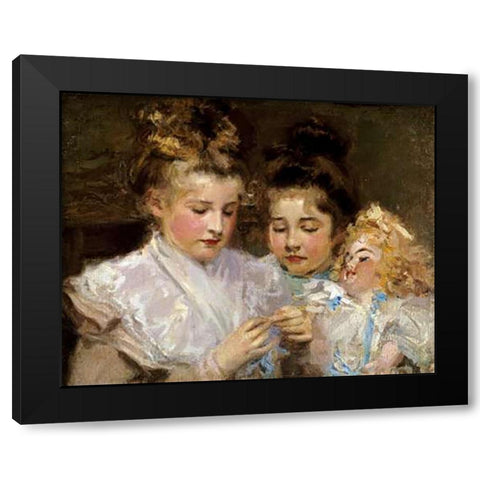 Berthe and Marjorie With Their Doll Black Modern Wood Framed Art Print by MacMonnies, Frederic William