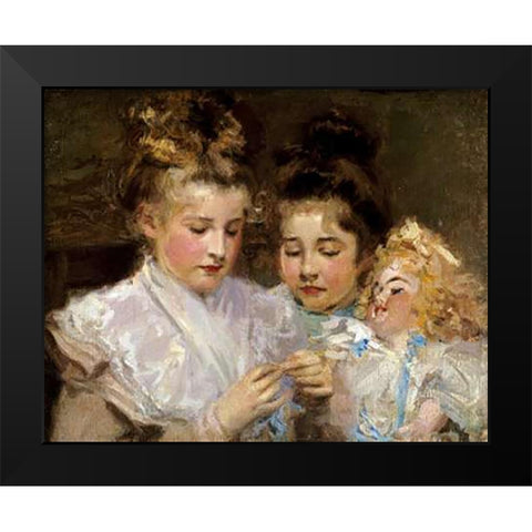 Berthe and Marjorie With Their Doll Black Modern Wood Framed Art Print by MacMonnies, Frederic William