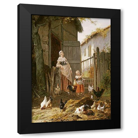 Feeding The Chickens Black Modern Wood Framed Art Print with Double Matting by Maes, Eugene Remy