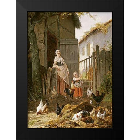 Feeding The Chickens Black Modern Wood Framed Art Print by Maes, Eugene Remy