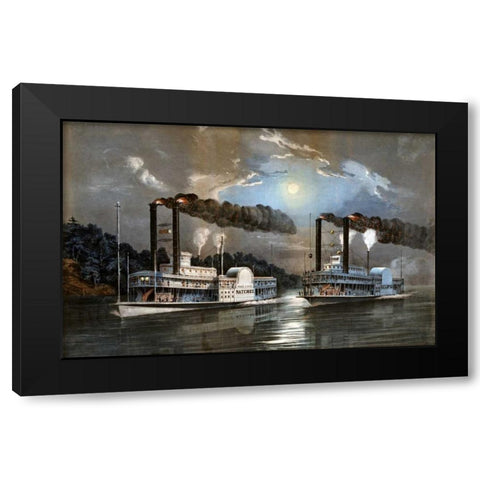 A Midnight Race on The Mississippi Black Modern Wood Framed Art Print with Double Matting by Manning, D.