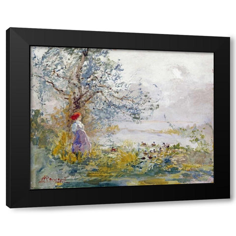 A Peasant Girl and Ducks Black Modern Wood Framed Art Print by Mariani, Pompeo