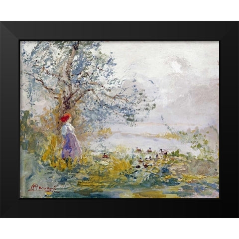A Peasant Girl and Ducks Black Modern Wood Framed Art Print by Mariani, Pompeo