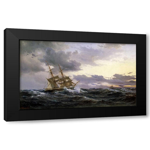 Sailing Vessels In a Stormy Sea Black Modern Wood Framed Art Print by Melbye, Wilhelm
