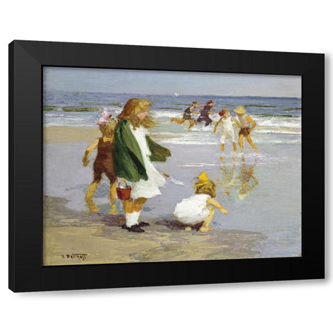 Play In The Surf Black Modern Wood Framed Art Print by Potthast, Edward Henry