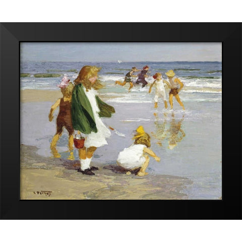 Play In The Surf Black Modern Wood Framed Art Print by Potthast, Edward Henry
