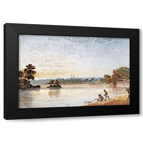 Benares From The Mundakinee Tulao Black Modern Wood Framed Art Print by Prinsep, James