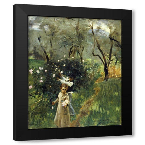 Gathering Flowers at Twilight Black Modern Wood Framed Art Print with Double Matting by Sargent, John Singer