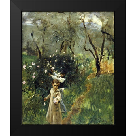 Gathering Flowers at Twilight Black Modern Wood Framed Art Print by Sargent, John Singer
