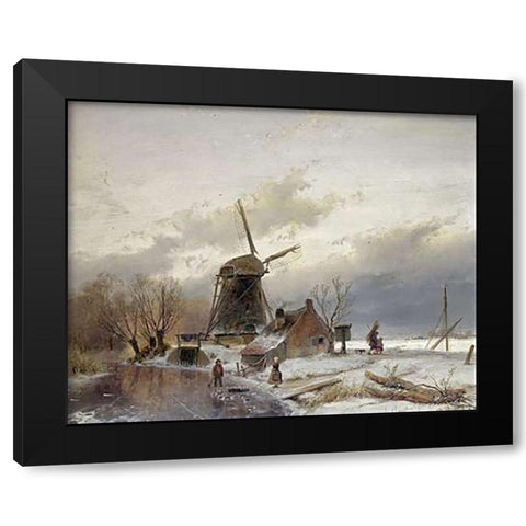 A Frozen River Landscape With a Windmill Black Modern Wood Framed Art Print with Double Matting by Schelfhout, Andreas