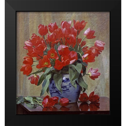 Tulips In a Porcelain Vase Black Modern Wood Framed Art Print by Schou, Peter Johan