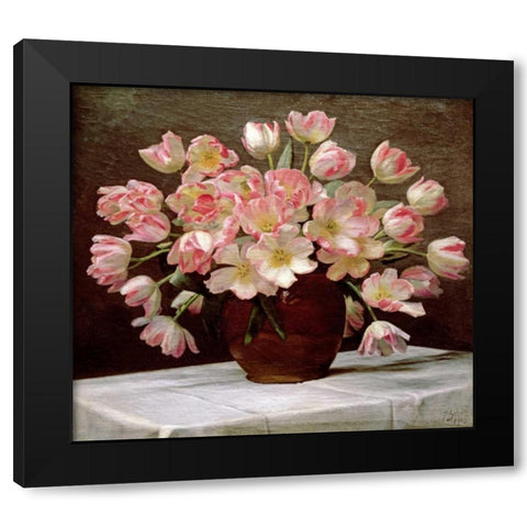 Tulips In a Vase on a Draped Table Black Modern Wood Framed Art Print by Schou, Peter Johan