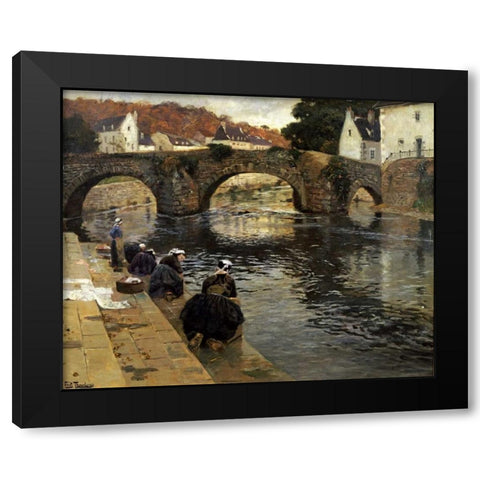 Washerwomen In The Morning at Quimperle Black Modern Wood Framed Art Print with Double Matting by Thaulow, Fritz