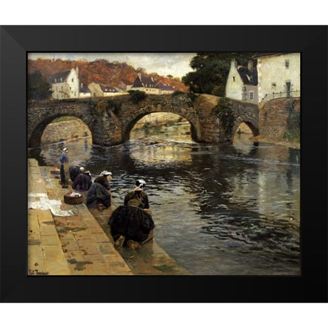 Washerwomen In The Morning at Quimperle Black Modern Wood Framed Art Print by Thaulow, Fritz