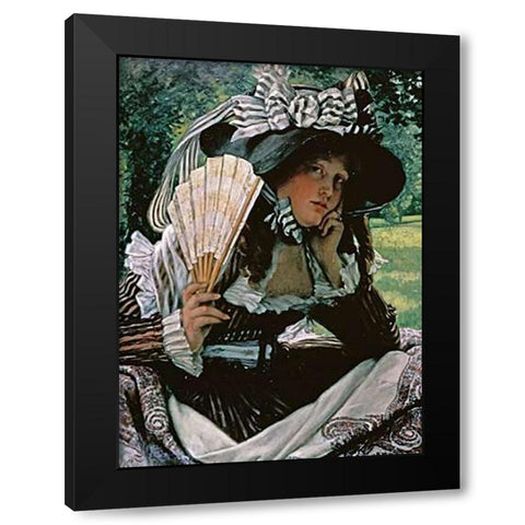 Girl With a Fan Black Modern Wood Framed Art Print by Tissot, James Jacques