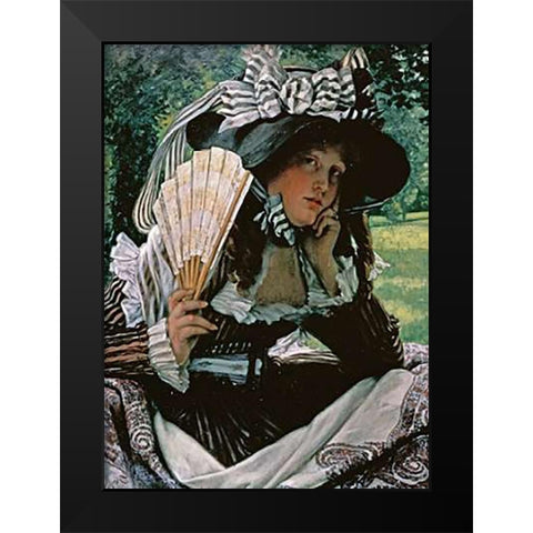 Girl With a Fan Black Modern Wood Framed Art Print by Tissot, James Jacques