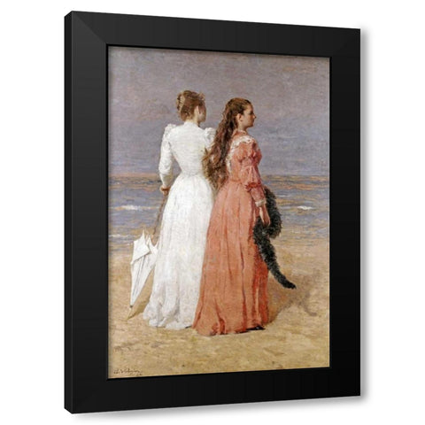 Elegant Women on a Beach Black Modern Wood Framed Art Print by Verheyden, Isidore