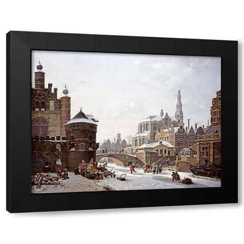 A Capriccio View of a Town Black Modern Wood Framed Art Print with Double Matting by Verheyen, Jan Hendrik