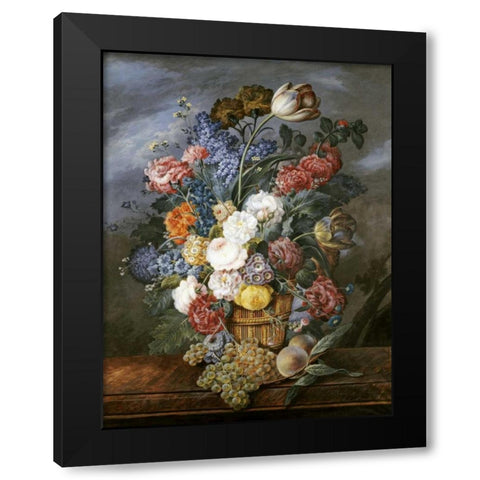 A Still Life of Mixed Flowers In a Vase on a Stone Ledge Black Modern Wood Framed Art Print with Double Matting by Von Pachner, Marie