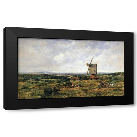 An Extensive Landscape With Figures By a Windmill Black Modern Wood Framed Art Print with Double Matting by Watts, Frederick Waters